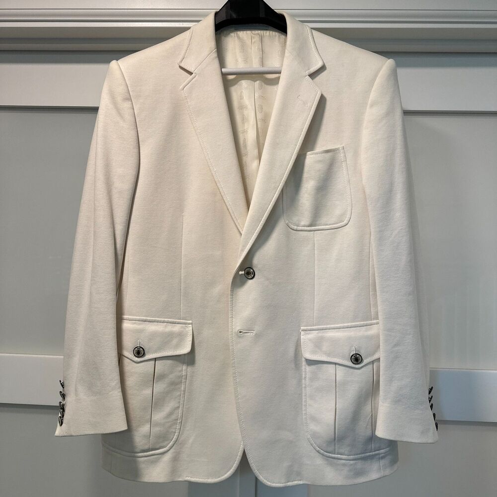 Gucci Vintage Off White Crest Button Safari Blazer Jacket Patch Pockets Mens 38R